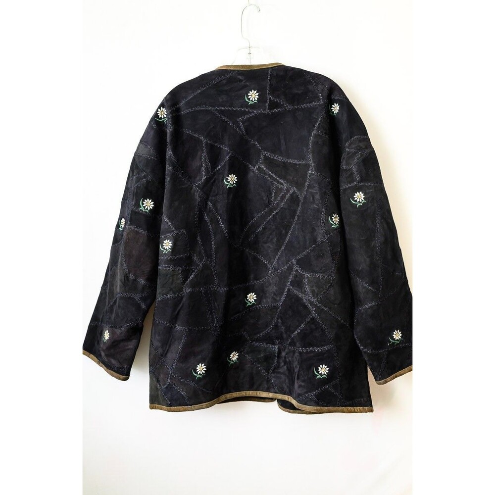 Copacabana Suede leather black quited jacket embroidered floral patchwork L 42 - Picture 3 of 7